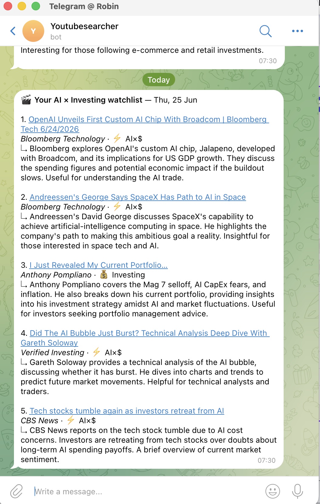 Telegram chat where the bot delivers a YouTube video to learn from