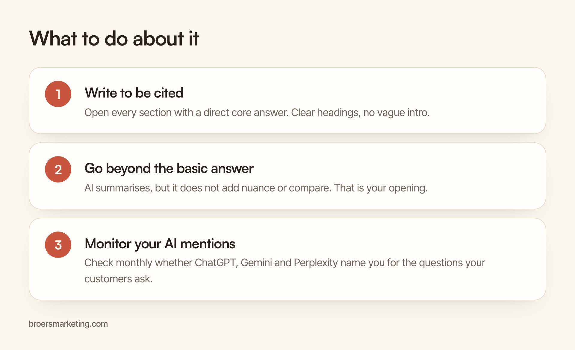 Three steps: write to be cited, go beyond the basic answer, monitor your AI mentions