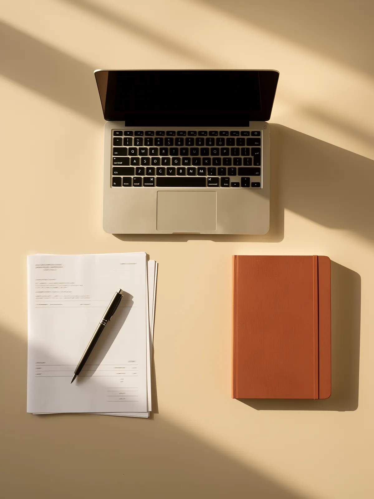 A desk with a laptop, a stack of paper invoices and a notebook in warm morning light