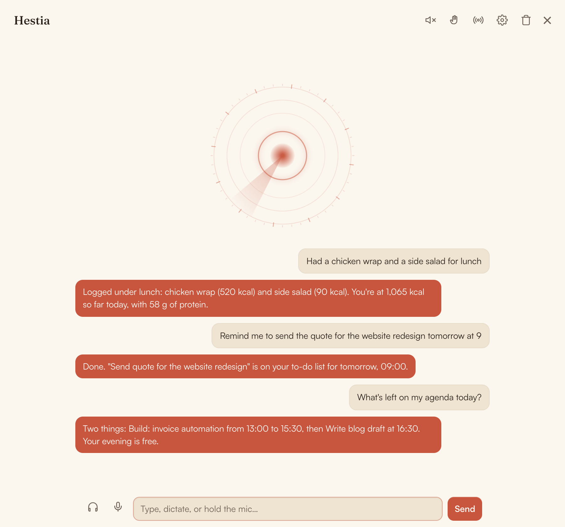 Hestia chat: logging lunch, adding a task and asking what's left on the agenda