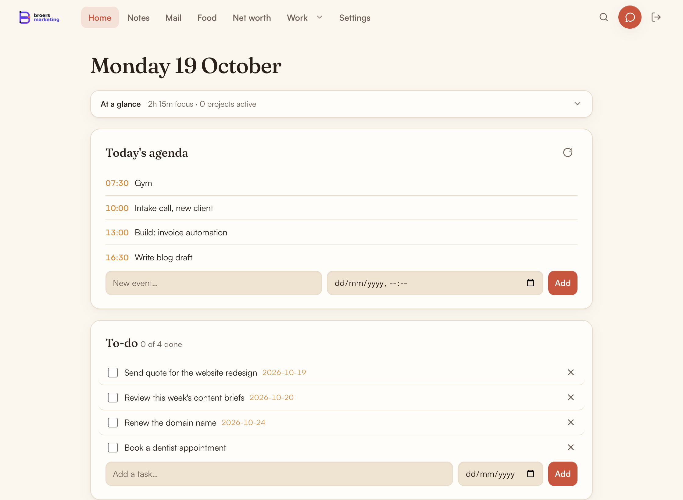 Home screen of my personal operating system with today's agenda and to-do list