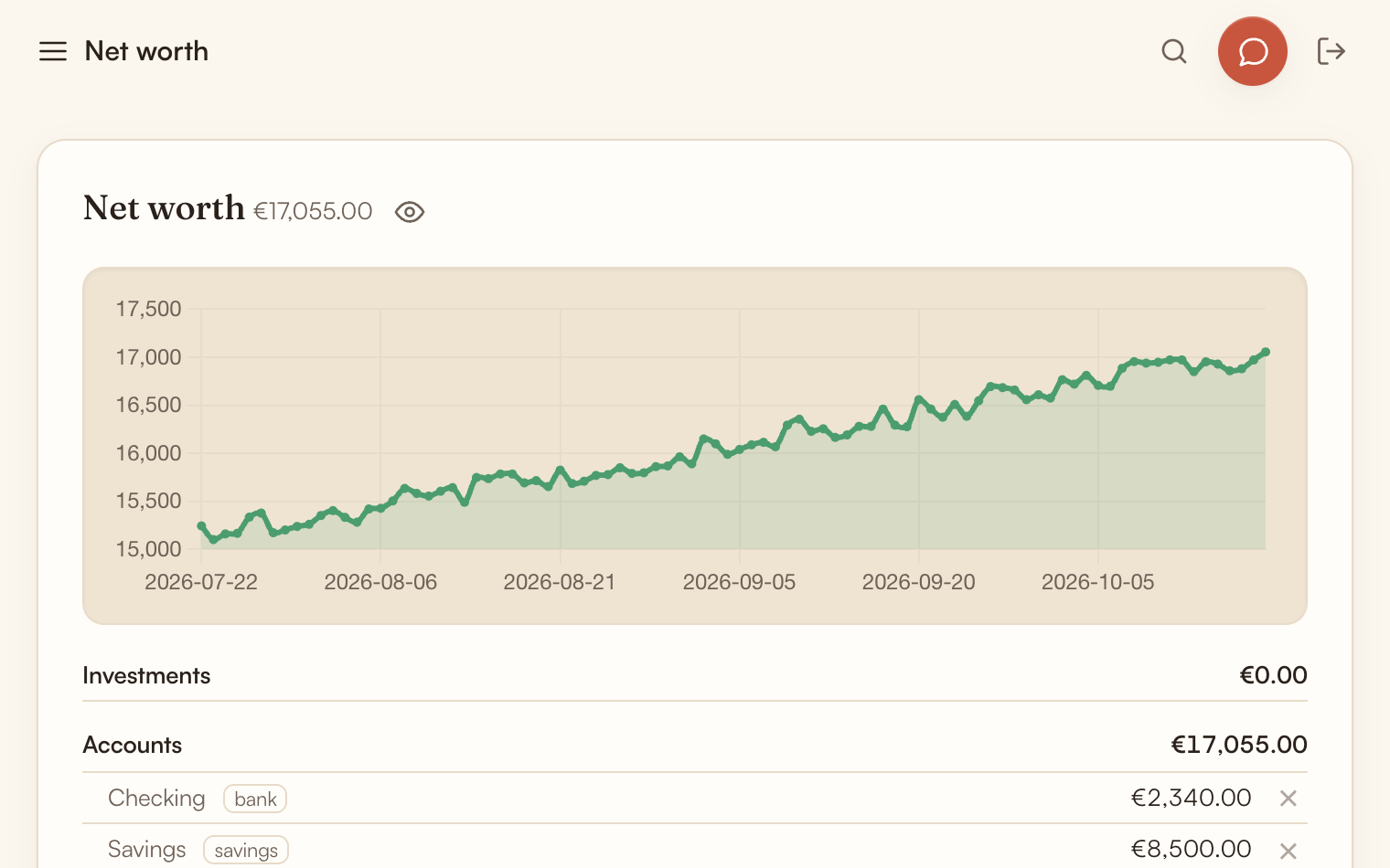 Net worth chart over three months, with three accounts below it