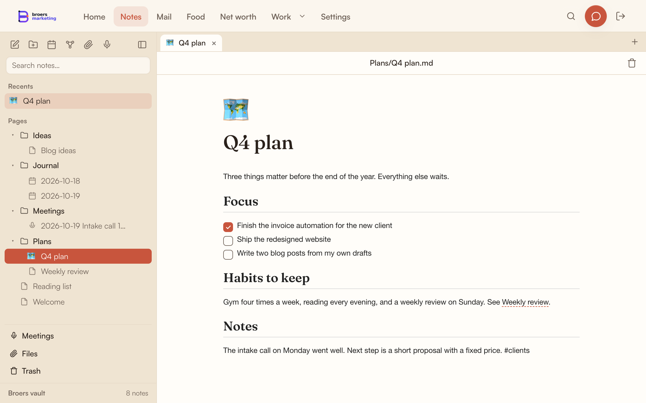 Notes screen with a page called Q4 plan open